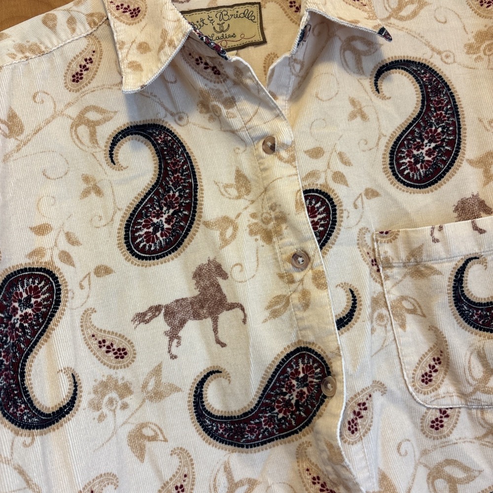 Bit & Bridle Womens M Amazing Paisley Horses Western Cowgirl Corduroy Shirt Top - Picture 4 of 6